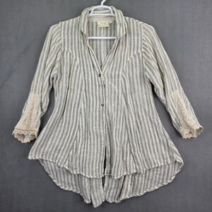 Paper Lace Linen Blouse Striped Lace Trim Cream Black 1X Plus High Low Boho